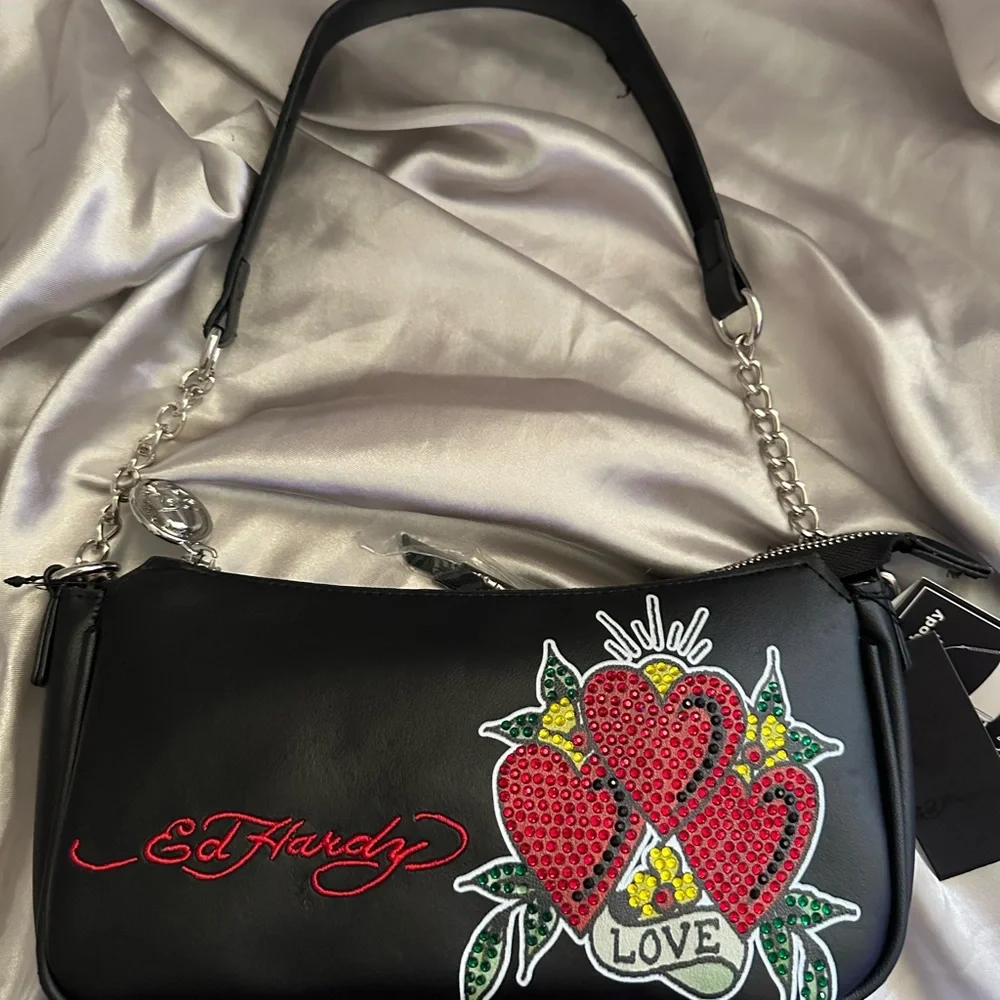 Ed Hardy Black Shoulder Bag with Red and Green Embroidery - Picture 2 of 4
